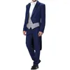 Abiti da uomo Ultimo Royal Blue Wedding Man Tail Coat Tre pezzi Doppio petto Risvolto con visiera Abbigliamento da sposo Gilet grigio Giacca Pantaloni Abito da uomo