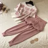 Korean Love Printed Knitted 2 Piece Set Women Short Sleeve Beading Sweater Tops Capris Jogging Pants Suit Pink Casual Tracksuit 240118