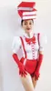 Bühnenkleidung Sexy Persönlichkeit Weiß Rot Große Schleife Bedruckte Bodys Rollenspiel Lehrer Kostüm Skinny Sänger Tänzer Trikot Outfit