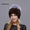 Jinbaosen estilo inverno feminino chapéu de pele de vison mais pele de raposa costura forro de malha chapéu de esqui 240122