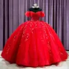 Robe De bal en dentelle rouge brillant avec des Appliques florales, épaules dénudées, Corset en cristal brillant, robes De 15 ans