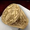 Cluster Rings Elegant Unisex 14k Yellow Gold Color Ring For Men Jewelry Gift Virgin Mary Blessing Badge Hand Carved Religious