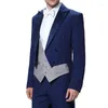 Abiti da uomo Ultimo Royal Blue Wedding Man Tail Coat Tre pezzi Doppio petto Risvolto con visiera Abbigliamento da sposo Gilet grigio Giacca Pantaloni Abito da uomo