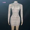 Palco desgaste luxo prata strass vestido sexy malha transparente apertado traje de dança mulheres baile noite festa passarela festival outfit