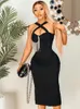 Kobiety Summer Sexy Key Hole Diamonds Tassel Crystal midi Black Body Bandage Sukienka Elegancka wieczorowa sukienka na imprezę Vestido 240130