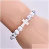 Perlé Summer Style Cross Charms Strand Bracelets Classique 8mm Turquoise Pierre Élastique Amitié Bracelet Plage Pour Femmes Hommes Bijoux Dhqkg