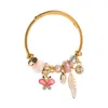 Charm Bracelets Fashion Cute Pink Butterfly Leaf Pendant Stainless Steel Bracelet Pearl Enamel Bead Jewelry Women Cuff