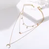 Ketten Trendy Vintage Stern Mond Strass Multi Layer Lange Anhänger Choker Halsketten Für Frauen Femme Gold Farbe Kette Geometrische Schmuck