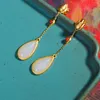 Dangle Earrings Natural Hetian Jade White Water Drop Ear Studs Retro Ethnic Style S925 Sterling Silver Plated Ancient