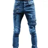 Men's Jeans Retro Moto Biker Straight Elastic Men Zipper Hole Streetwear Punk Skinny Denim Cargo Pants Pantalones Hombre Clothing