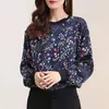 Automne Hiver Élégant Vintage Tops Plante Fleurs Art Imprimé Patchwork Col Rond T-shirt Lâche À Manches Longues Vêtements Pour Femmes 240124