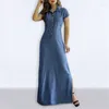 Vestidos casuales 2024 Primavera Verano Vestido largo Camisa Cuello Slit Pocket Falda de swing grande Talla grande Denim