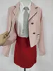 Womens Skirt Sets Pink Double Breasted Embroidered BlazerWhite ShirtRed Wrap Hip Academy Style Three Piece Lady Clothes 240202