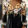 Женские блузки, женская весенне-осенняя блузка с v-образным вырезом и пуговицами, полупланка с рукавами 3/4, свободный подол, пуловер с 3D цветочным принтом, футболка, верхняя уличная одежда