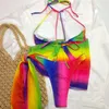 Dames Badmode Sexy Driehoek Bikini Set 2024 Rianbow Gradiënt Hol Push Up Een Stuk Badpak Strand Badpak Rok trikini