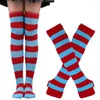 Women Socks Striped Arm Sleeve Thumbhole Sleeves Knee High Set For Cosplay Christmas Fingerless Stretchy Gloves Stockings