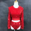 Stage Wear Paillettes rouges Gogo Dance Vêtements Tops Shorts Nightclubt Bar Pole Costume Femmes Kpop Jazz Dancewear Rave Outfit VDB3170