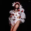 Stage Wear Sexy Pole Dance Clothing Lantern Sleeves Rose Bodysuit Headwear Women Gogo Costumes Festival Outfit Clubwear XS5857