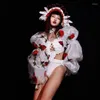 Scene Wear Sexy Pole Dance Clothing Lantern Sleeves Rose Bodysuit Headwear Women Gogo Costumes Festival Outfit Clubwear XS5857