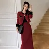 Платье из двух предметов UNXX, высококачественный и удобный теплый зимний комплект, шикарная маленькая юбка для богатых девочек, красный костюм во французском стиле