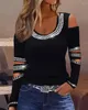 Women's T Shirts Top Women 2024 Trendry Fashion Spring Autumn Rhinestone Decor Cold Shoulder All-Match Casual Blouse Pullover