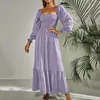 Robes décontractées Femmes élégantes Maxi Robe à manches longues Taille haute avec col carré Bords à volants pour invité de mariage