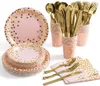 Plates 2024 Rose Gold Paper Tableware Disposable Golden Dot Party Supplier Baby Girl Bridal Shower Wedding Plate Set