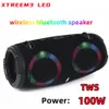 Taşınabilir su geçirmez 100W yüksek diş ser rgb renkli ışık kablosuz subwoofer 360 stereo surround tws fm bom kutusu 240126
