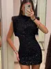 Silm Shoulder Pads Sequin Mini Dress For Woman Elegant Round Neck Sleeveless Female Black Dresses Winter Hoilday Party Prom Gown 240126