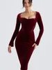 Sıradan Elbiseler Beaukey 2024 Kadınlar İçin Seksi Şarap Kırmızı Bodycon Elbise Midi Uzunluk İnce Partisi Ünlü Uzun Parlama Vestidos