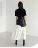 Skirts Korean Casual Patchwork Pu Skirt For Women High Waist Midi Folds Pleated Female 2024 Spring Fashion Clothing Style