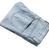 Herr jeans casual denim byxor knä rippade ljusblå rak fit hål förstört mode dagligen
