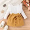 Clothing Sets CitgeeAutumn Kids Baby Girls Outfits Long Sleeve Ruffle Ribbed Tops Solid Color Button Skirt Spring Clothes Set