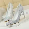 359 BIGTREE PUMPS Rhinestone Sequined tyg Sexig Slim 10cm tunna höga klackar Kvinnor Bröllopskor Party Nightclub Pump 240125