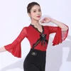 Stage Wear Tango Ballroom Dance Tops Red Black Flare Sleeve Performance Women Modern Dancewear Latin Waltz Competition Costume VDB7280