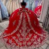 2024セクシーな暗い赤い赤いQuinceanera Dree Ball Gown Off Off Sholdled Gold Lace Applique Crytal Bead Puffy Coret Back Bow Ruffle Party Dre Prom Evening 0513