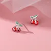 Pendientes de tuerca INZAReal de Plata de Ley 925 con circonita y cereza para mujer a la moda, bonita planta, joyería fina, accesorios minimalistas