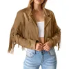 Women Fringed Hem Tassel Cardigan Crop Tops Faux Suede Leather Motorcycle Jacket Hippie Vintage Streetwear Lapel Coat 240124