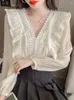 Women's Blouses Autumn Blouse Women Korean Fashion Long Sleeve Top Female Elegant Lace Ruffles Patchwork Shirt Ladies Casual See Through