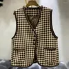 Damenwesten Westen Frauen V-Ausschnitt Weste Casual Vintage ärmellose Strickjacken gestrickt kariert einreihig koreanischen Stil Mäntel Tops