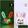 Máscaras de festa Design assustador néon brilhante coelho sangrento cosplay máscara de coelho halloween carnaval traje luminoso adereços led drop entrega h dhxjp