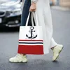 Sacos de compras bonito impressão náutico azul âncoras com listras tote reutilizável lona shopper ombro vela marinheiro bolsa