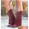 Laarzen Cowgirls Cowboyschoenen voor dames Fringe Love-patroon Dikke hakken Punchschoen Westerse slip-on Dames J220805 Drop Delivery Access Dhw1Y