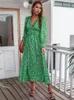 Casual Dresses Spring Long Print Dress for Women 2024 Slim High midje V Neck Flare Sleeve Summer Ladies Floral Maxi