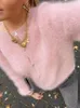 Женские свитера, розовый милый вязаный свитер из мохера для женщин, однобортный кардиган с круглым вырезом и длинными рукавами, 2024, шикарный весенний женский элегантный свитер
