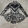 Stage Wear Ballroom Dance Costume Black White Mirror Sequins Short Dress Women Team Sexy Holiday Party Performance Clothes
