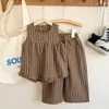 5514C Childrens randig kostym Summer Girls Suit S Wood Ear Vest Wide Ben Pants Girls Two-Piece Suit 240131