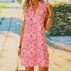 Casual Dresses Elegant Printed V Neck Stand Collar Shift Dress for Women Sleeveless Sexy Vacation Beach Party Lady Vestidos