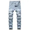 Jeans masculinos casuais calças jeans joelho rasgado luz azul reto ajuste buraco arruinado moda diária