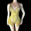 Abbigliamento da palco Moda Nappa dorata Strass scintillanti Tuta Cantante femminile Costume sexy luminoso al neon Abbigliamento intero